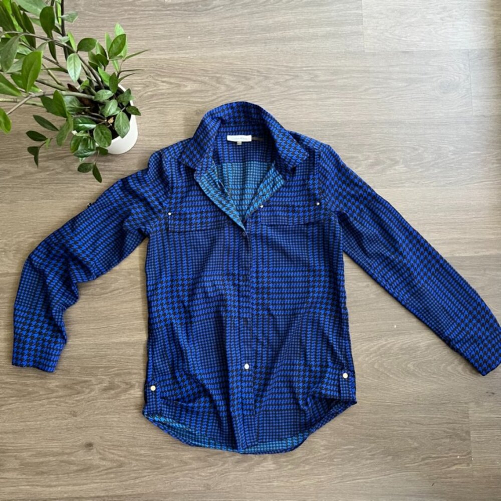 Calvin Klein Blue Checked Button-Down Blouse (with Roll-Up Hem & Sleeve Detail